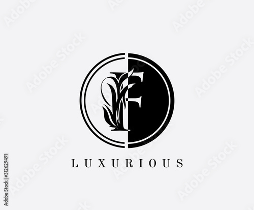 Circle F Letter Floral Logo. Luxury F Swirl Circle Logo Icon