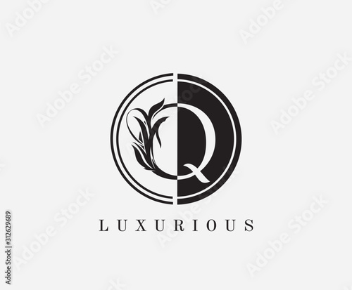 Circle Q Letter Floral Logo. Luxury Q Swirl Circle Logo Icon