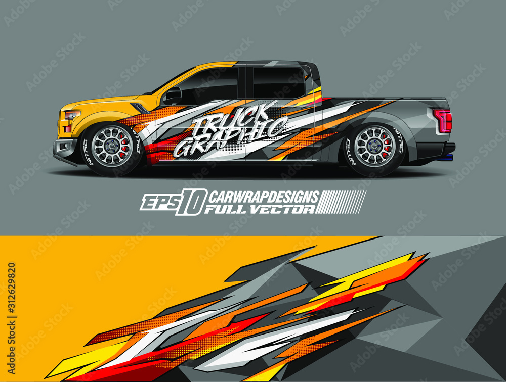 Pickup truck wrap design vector. Graphic abstract stripe racing background kit designs for wrap vehicle, race car, rally, adventure and livery. Full vector eps 10 Pickup truck wrap design vector. Graphic abstract stripe racing background kit designs for wrap vehicle, race car, rally, adventure and livery. Full vector eps 10