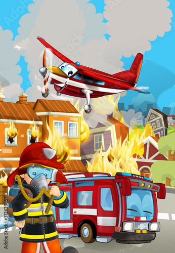 cartoon scene with fireman car vehicle near burning building - illustration for children