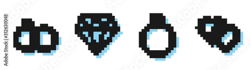 Set line Diamond engagement ring, Wedding rings, Diamond and Two Linked Hearts icon. Vector