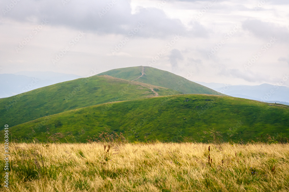 Fototapeta premium Beautiful mountain landscape with clouds. The road on the green top of Mount Ghimba in the Carpathians.