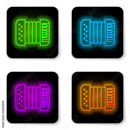 Glowing neon line Musical instrument accordion icon isolated on white background. Classical bayan, harmonic. Black square button. Vector Illustration