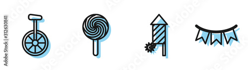 Set line Firework rocket, Unicycle or one wheel bicycle, Lollipop and Carnival garland with flags icon. Vector