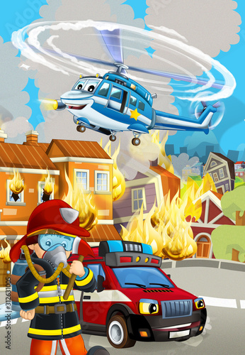 cartoon scene with fireman car vehicle near burning building - illustration for children
