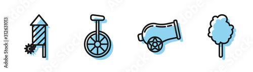 Set line Cannon, Firework rocket, Unicycle or one wheel bicycle and Cotton candy icon. Vector