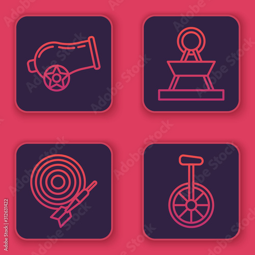 Set line Cannon, Classic dart board and arrow, Attraction carousel and Unicycle or one wheel bicycle. Blue square button. Vector