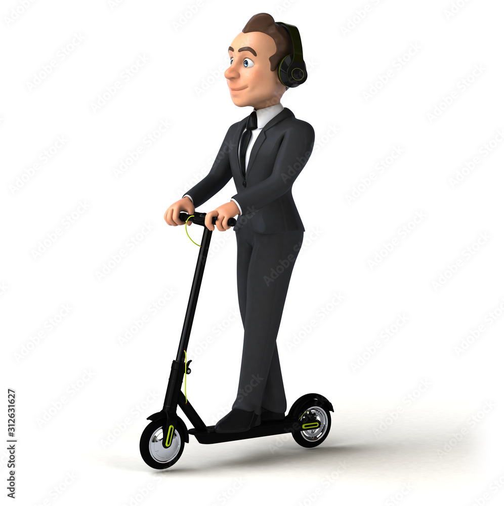 Fun cartoon character on an electric scooter Fun cartoon character on an electric scooter