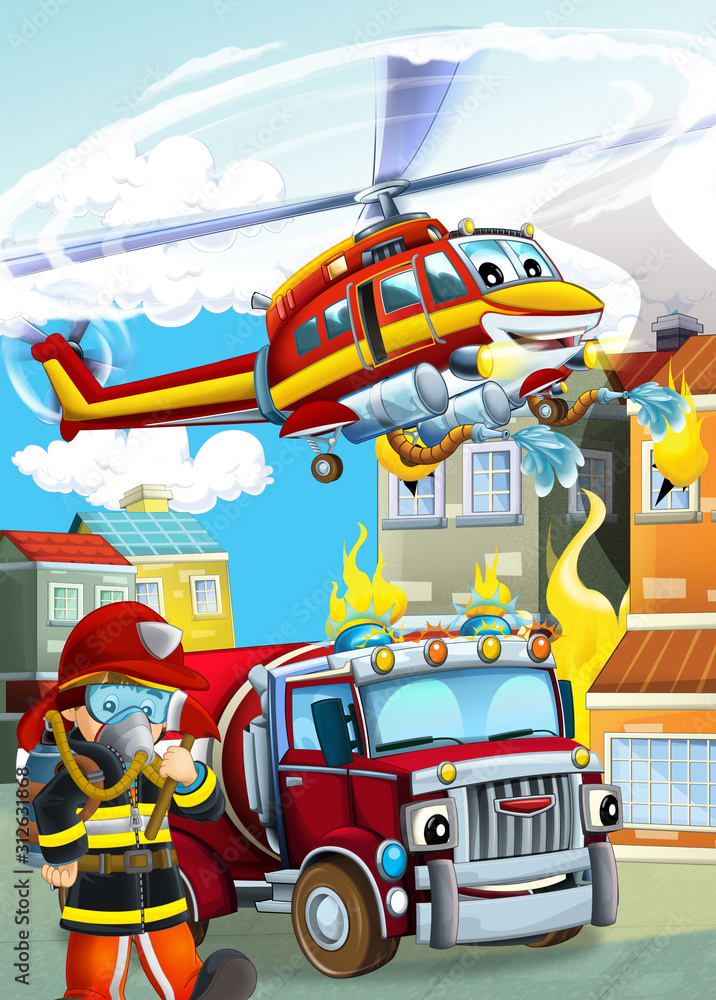 cartoon scene with different fire fighter machines helicopter and fire brigade truck illustration for children