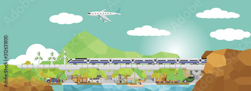 High speed train on subway. On the bridge over the river and with villages and mountains in the background. With plane in the sky. Polygon style.