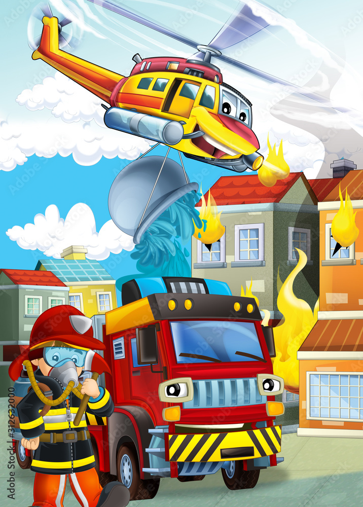 cartoon scene with different fire fighter machines helicopter and fire brigade truck illustration for children