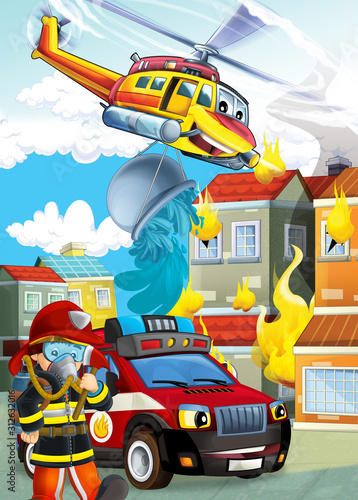 cartoon scene with different fire fighter machines helicopter and fire brigade truck illustration for children