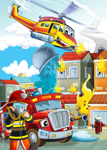 cartoon stage with different machines for firefighting helicopter and fire truck colorful scene illustration for children © honeyflavour
