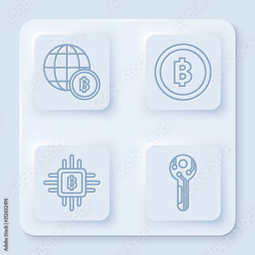 Set line Globe and cryptocurrency coin Bitcoin, Cryptocurrency coin Bitcoin, CPU mining farm and Cryptocurrency key. White square button. Vector