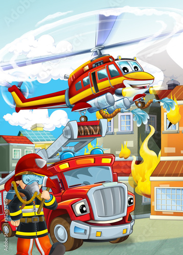 Fototapeta Naklejka Na Ścianę i Meble -  cartoon scene with different fire fighter machines helicopter and fire brigade truck illustration for children