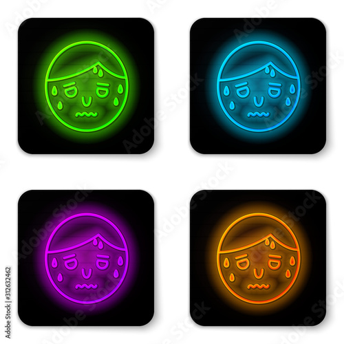 Glowing neon line Man with excessive sweating icon isolated on white background. Black square button. Vector Illustration
