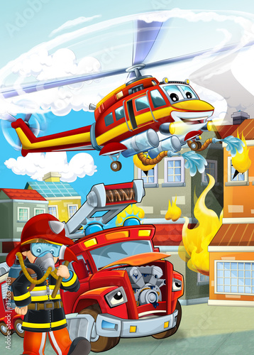 cartoon scene with different fire fighter machines helicopter and fire brigade truck illustration for children