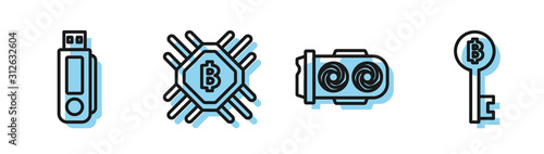 Set line Mining farm, USB flash drive, CPU mining farm and Cryptocurrency Bitcoin key icon. Vector