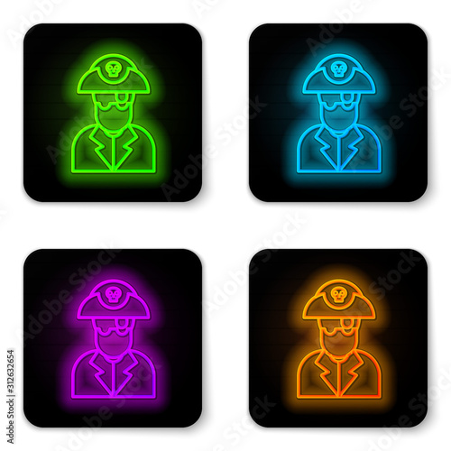 Glowing neon line Pirate captain icon isolated on white background. Black square button. Vector Illustration