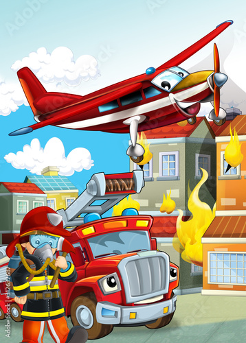 cartoon scene with different fire fighter machines helicopter and fire brigade truck illustration for children