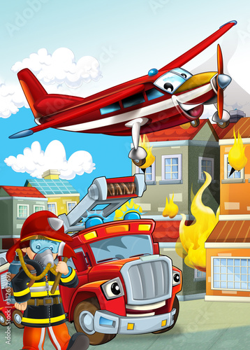 cartoon scene with different fire fighter machines helicopter and fire brigade truck illustration for children