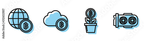 Set line Bitcoin plant in the pot, Globe and cryptocurrency coin Bitcoin, Cryptocurrency cloud mining and Mining farm icon. Vector