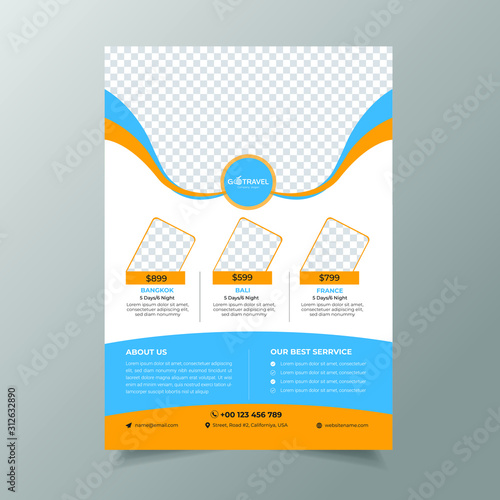 Blue and yellow travel agency flyer template design