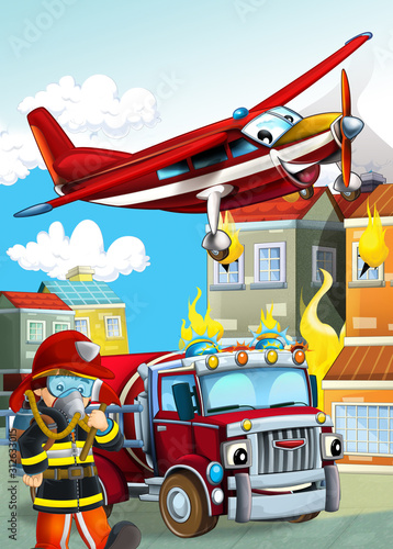 cartoon scene with different fire fighter machines helicopter and fire brigade truck illustration for children