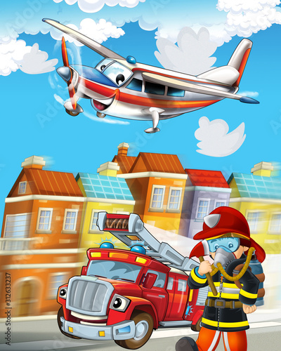 funny looking cartoon fireman truck driving through the city and emergency plane flying over - illustration for children