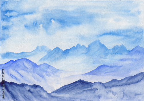 Watercolor landscape of blue vibrant mountain peaks. Peaceful tranquil hand drawn nature background for relaxation, meditation & restoration. Paper arts hand sketch. Calm soothing background design.
