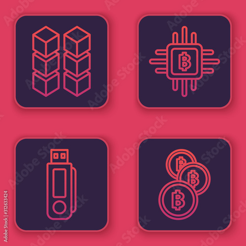 Set line Blockchain technology, USB flash drive, CPU mining farm and Cryptocurrency coin Bitcoin. Blue square button. Vector