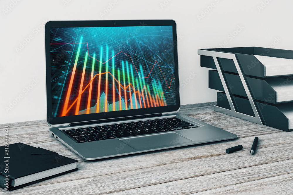 Laptop closeup with forex graph on computer screen. Financial trading and education concept. 3d rendering. Laptop closeup with forex graph on computer screen. Financial trading and education concept. 3d rendering.