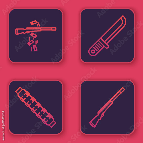 Set line Gun shooting, Hunting cartridge belt with cartridges, Hunter knife and Hunting gun. Blue square button. Vector