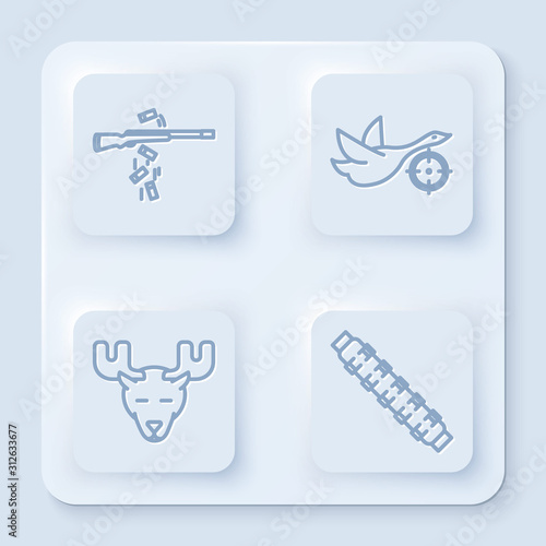 Set line Gun shooting, Hunt on duck with crosshairs, Moose head with horns and Hunting cartridge belt with cartridges. White square button. Vector