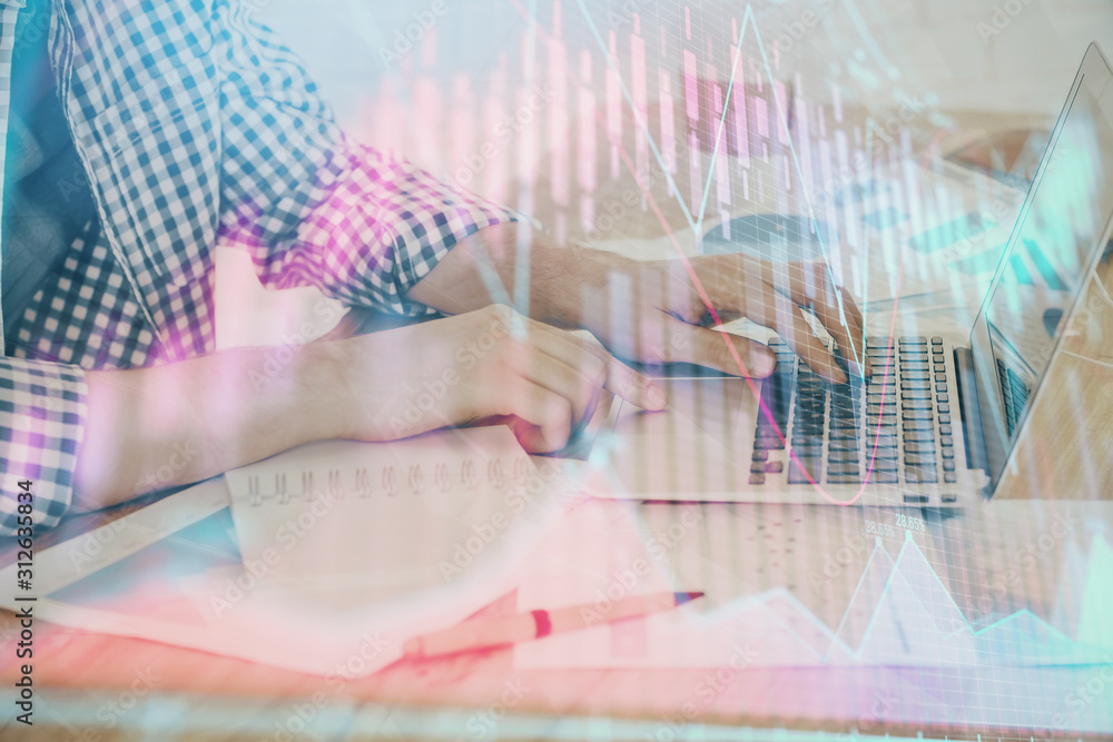Multi exposure of stock market chart with man working on computer on background. Concept of financial analysis. Multi exposure of stock market chart with man working on computer on background. Concept of financial analysis.