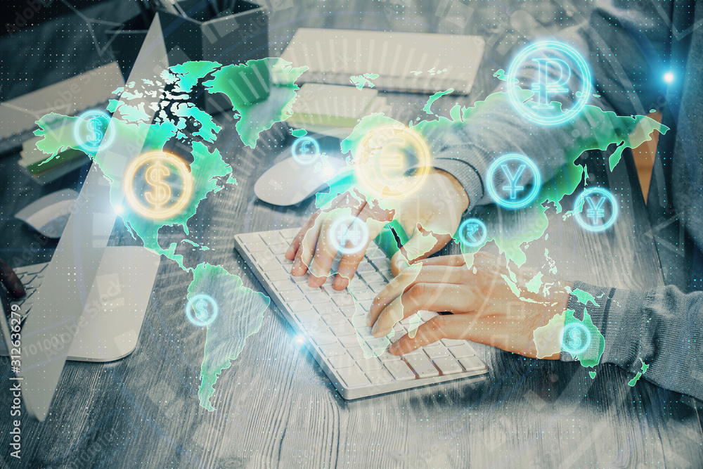 Double exposure of financial graph with man works in office on background. Concept of analysis. Double exposure of financial graph with man works in office on background. Concept of analysis.