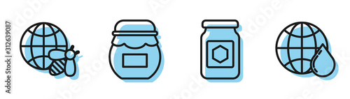 Set line Jar of honey, Honeycomb map of the world and bee, Jar of honey and Honeycomb map of the world icon. Vector