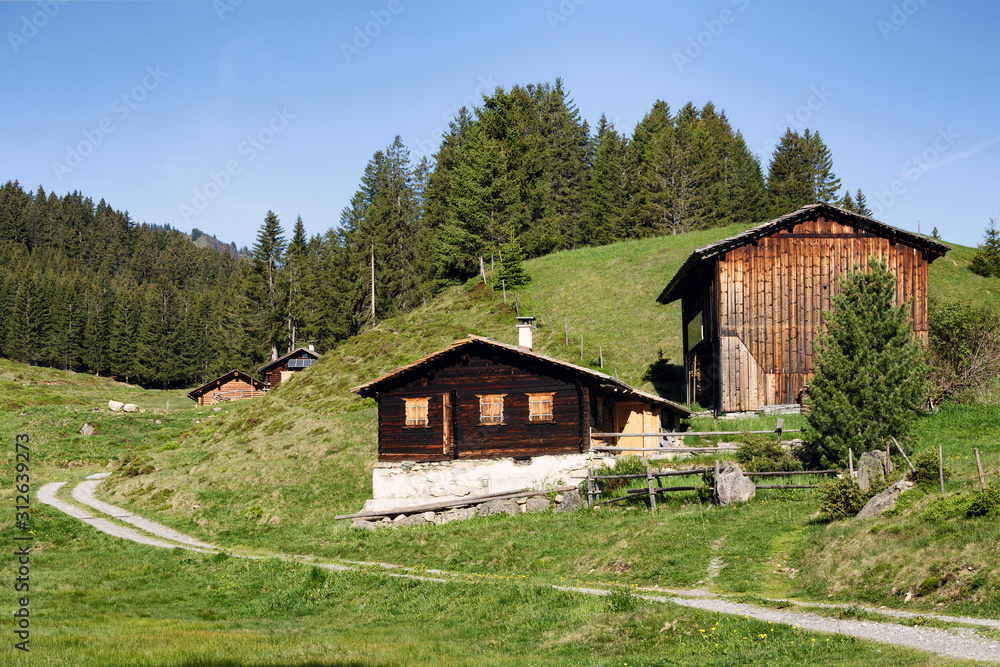 Sommerliche Alpenlandschaft mit Almhütten