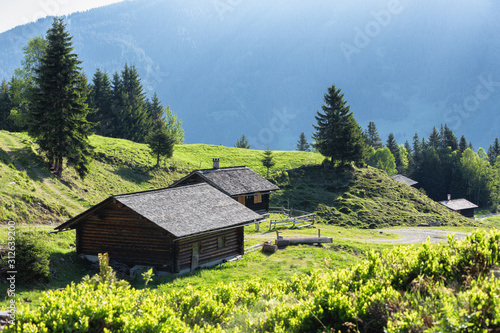 Sommerliche Alpenlandschaft mit Almhütten photo