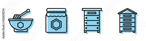 Set line Hive for bees, Honey dipper stick and bowl, Jar of honey and Hive for bees icon. Vector