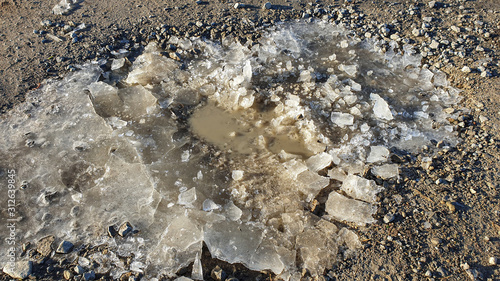 Frozen puddle at sub-zero temperatures in winter