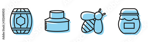 Set line Bee, Wooden barrel with honey, Beekeeper with protect hat and Jar of honey icon. Vector