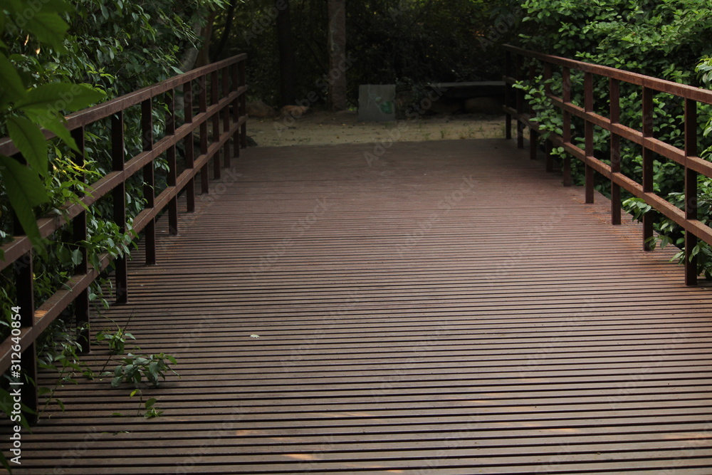 Steel or iron bridge on the garden with sunlight shadow. steel or iron footpath,walkway on the park with sunlight shadow