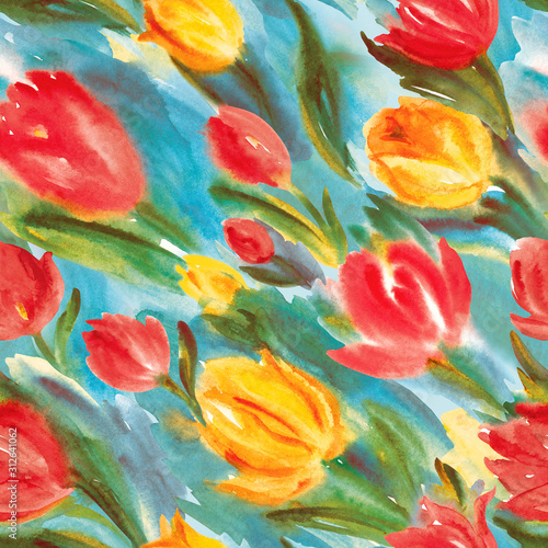 Seamless pattern of abstract red and yellow tulips, watercolor drawing, background or print for various designs.
