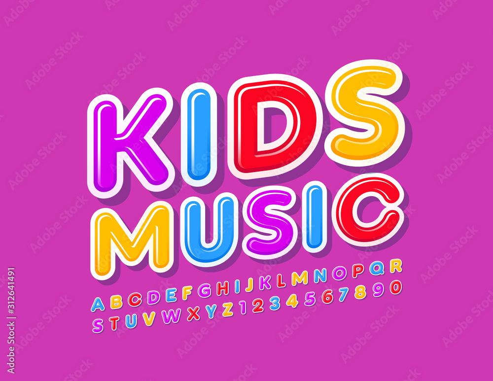 Vector Colorful Emblem Kids Music. Modern Alphabet Letters and Numbers. Bright Creative Font for Children.