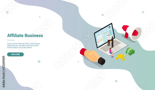 affiliate marketing business profit with modern isometric style for website landing homepage template - vector