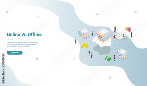 online vs offline store business comparison with modern isometric style for website landing homepage template - vector