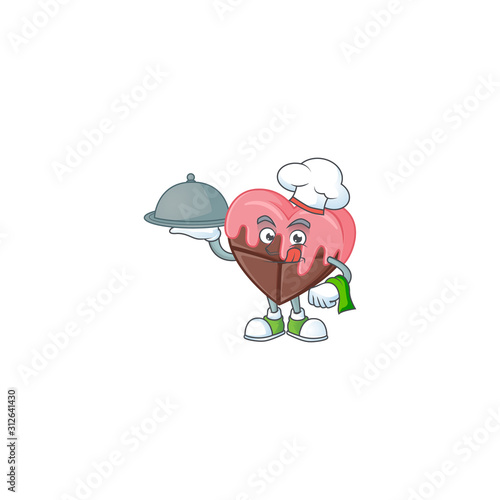 Cute love chocolate with pink as a Chef with hat and tray cartoon style design