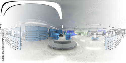 spherical panoramic render of the store, interior visualization, 3D illustration