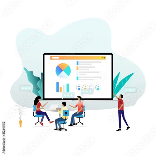 Business strategy communication concept, colleagues meeting, team brainstorming, corporate training, business briefing and teamwork task discussion in a big screen of laptop background.